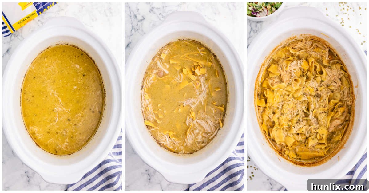 Collage of cooking the recipe and adding the noodles.