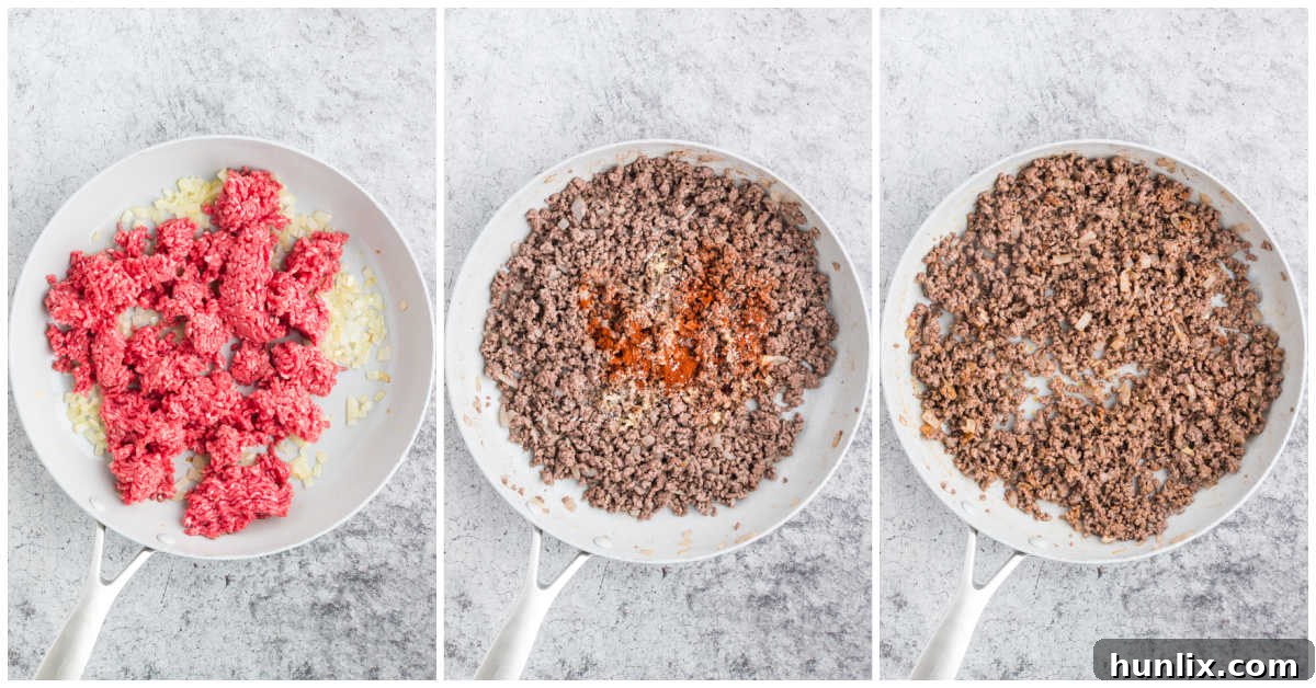 Loaded Big Mac Tater Tot Casserole 4 Collage showing steps for cooking ground beef and onions in a skillet.