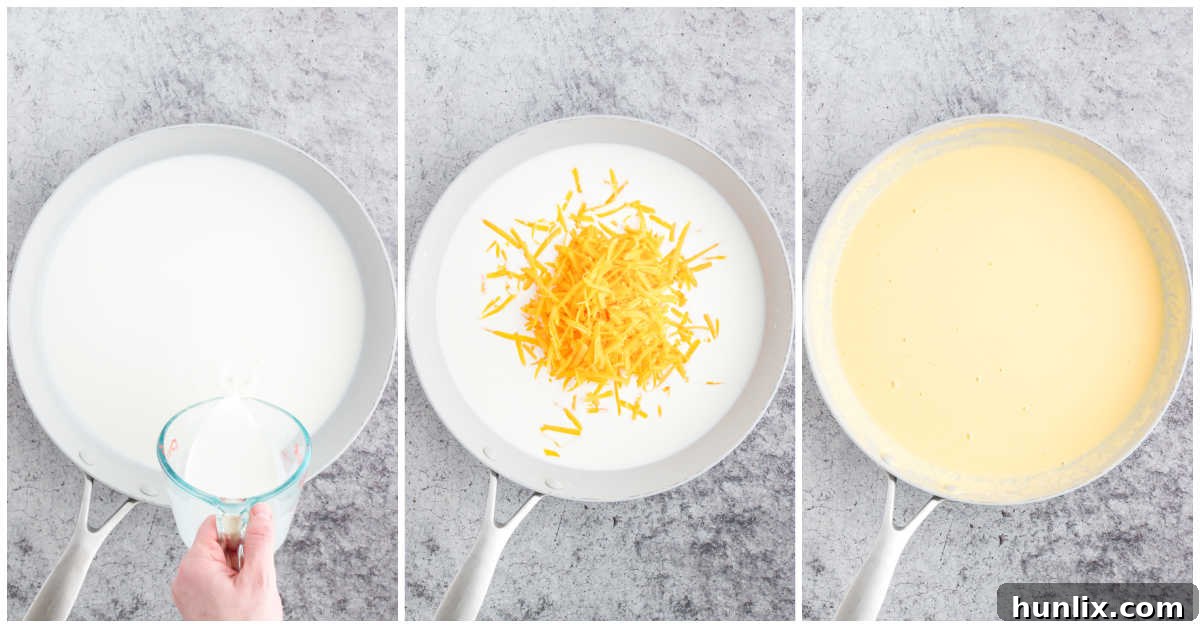 Loaded Big Mac Tater Tot Casserole 5 Collage showing steps for making the cheese sauce in a skillet.