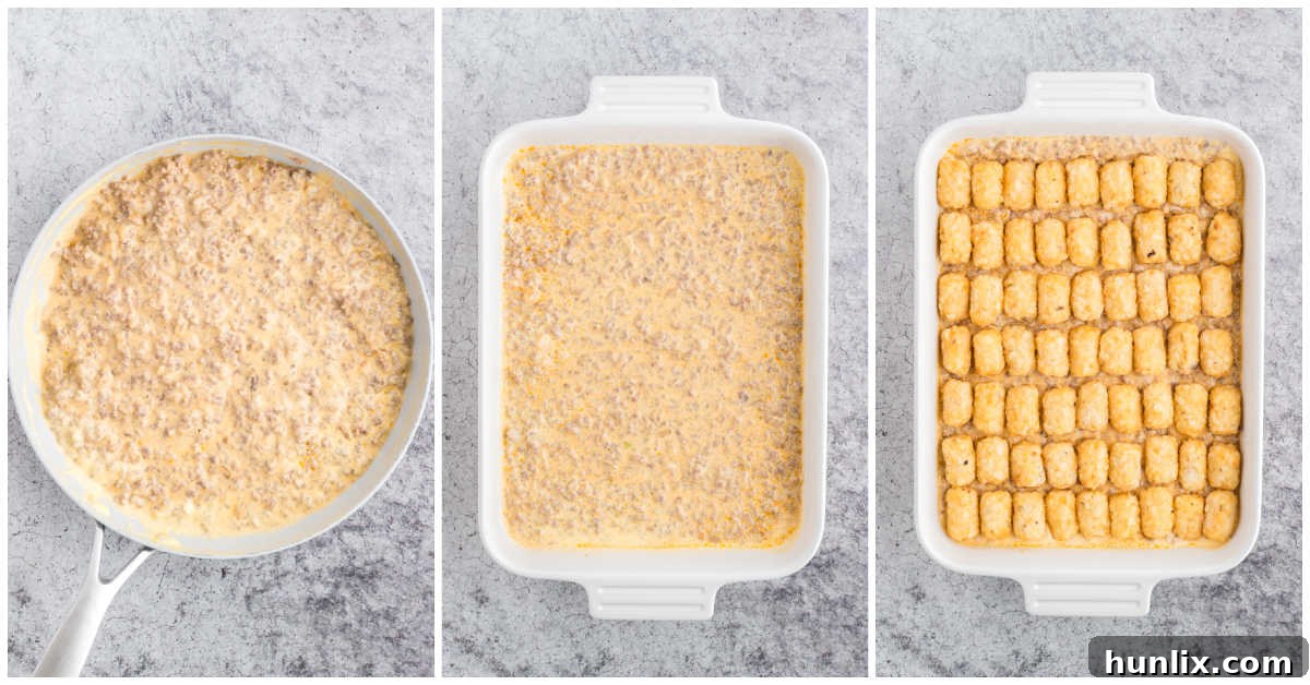 Loaded Big Mac Tater Tot Casserole 6 Collage showing mixing beef with cheese sauce and layering tater tots in a baking dish.