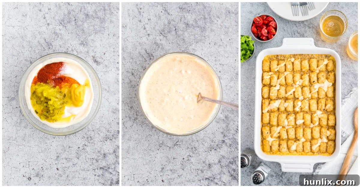 Loaded Big Mac Tater Tot Casserole 7 Collage showing preparing Big Mac sauce and drizzling it over the baked casserole.