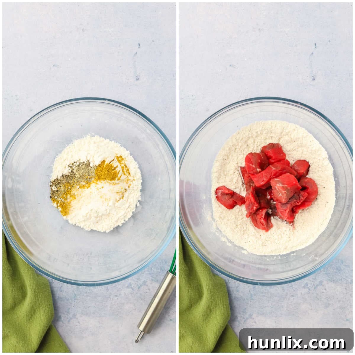 Collage showing diced beef being coated with flour and spices in a mixing bowl for Irish stew.