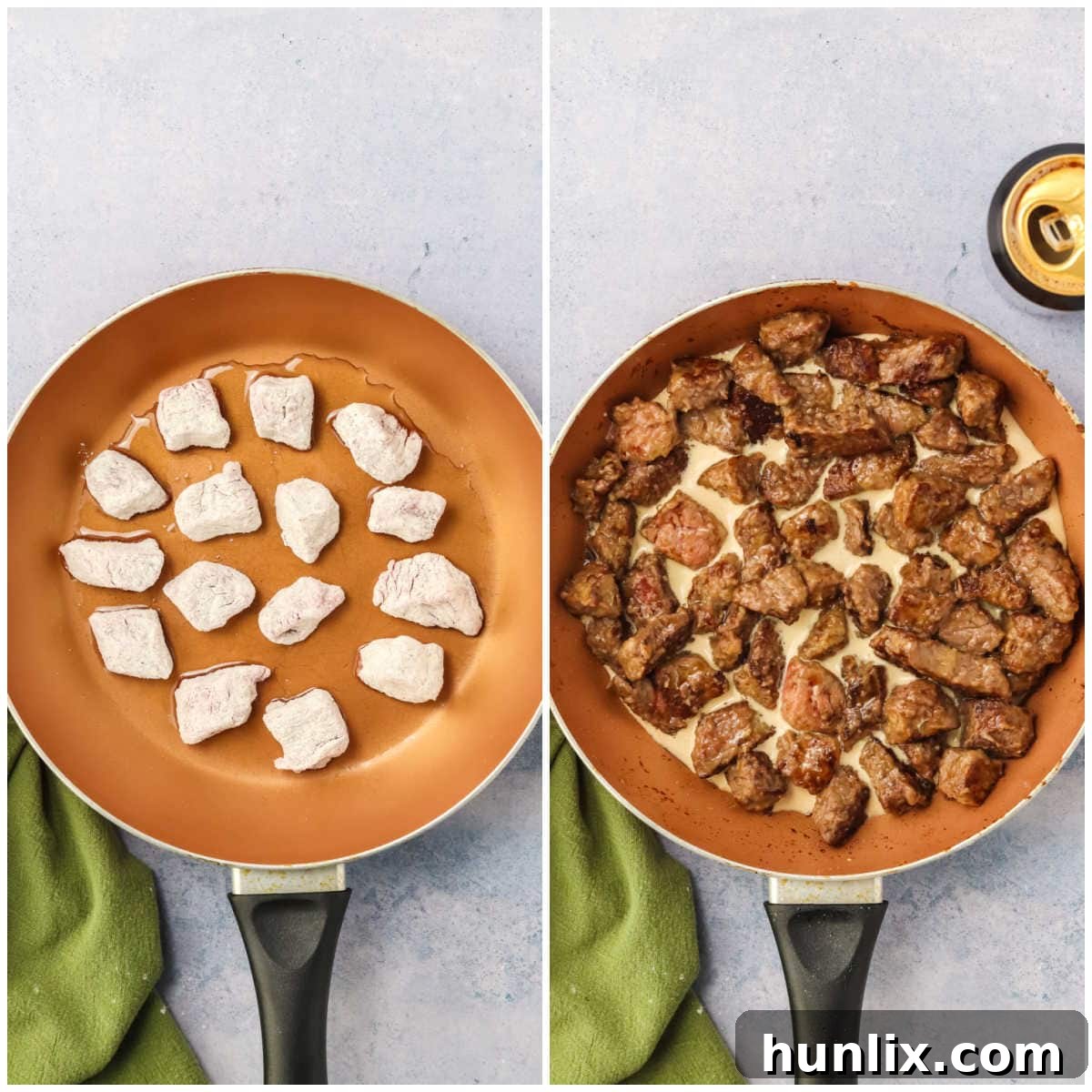 Collage illustrating the browning of beef in a pan and deglazing with Guinness beer.
