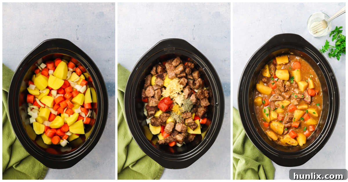 A collage of various ingredients being added to a black Crockpot for Slow Cooker Guinness Irish Beef Stew.