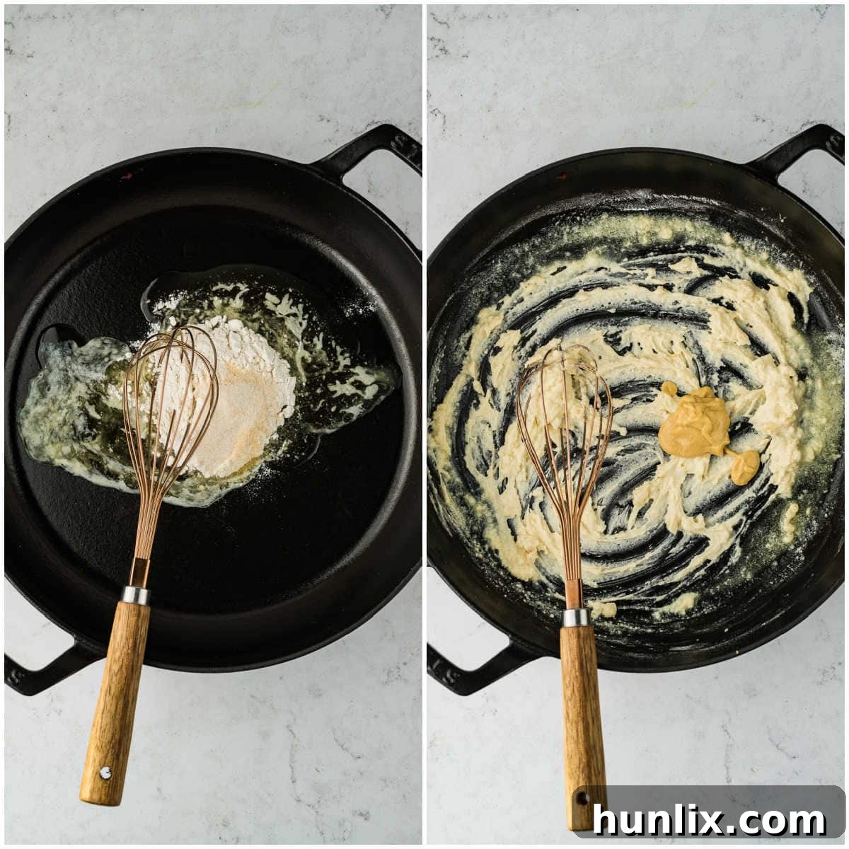 Dill-ightful Macaroni Bake 4 A collage showing the initial steps of making the roux in a skillet.