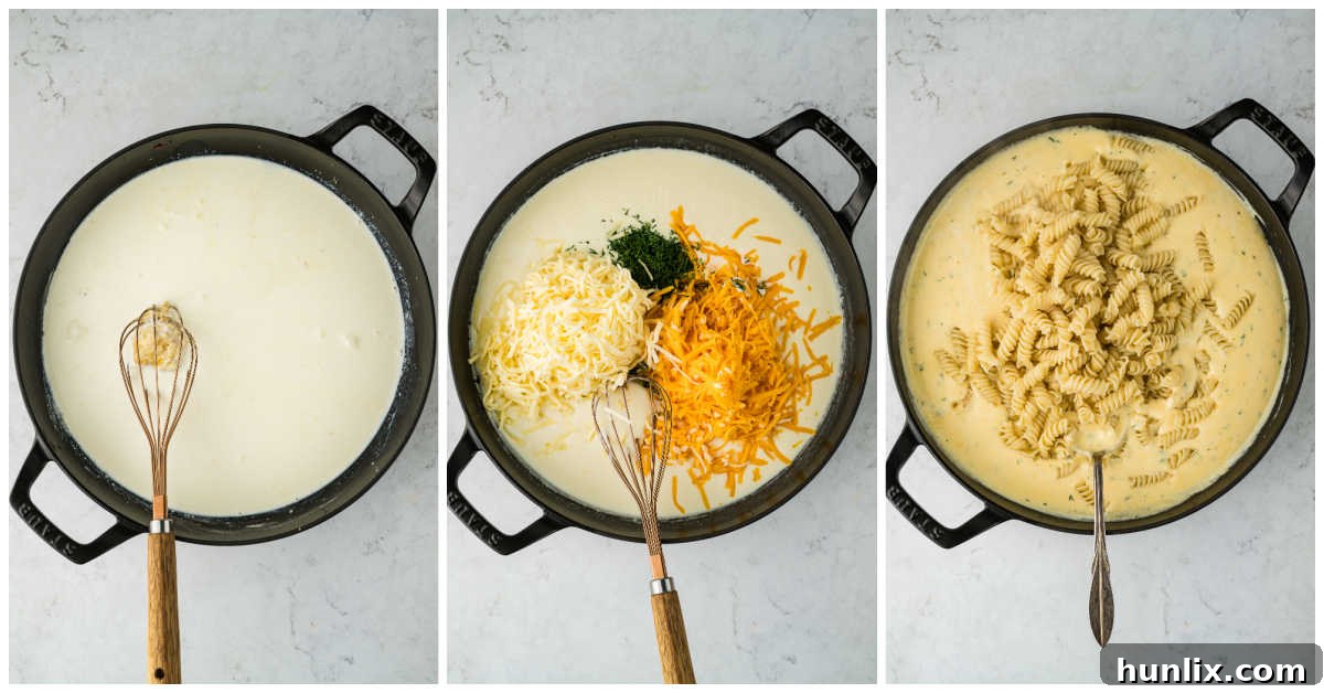 Dill-ightful Macaroni Bake 5 A collage showing the sauce preparation and the addition of cooked pasta.