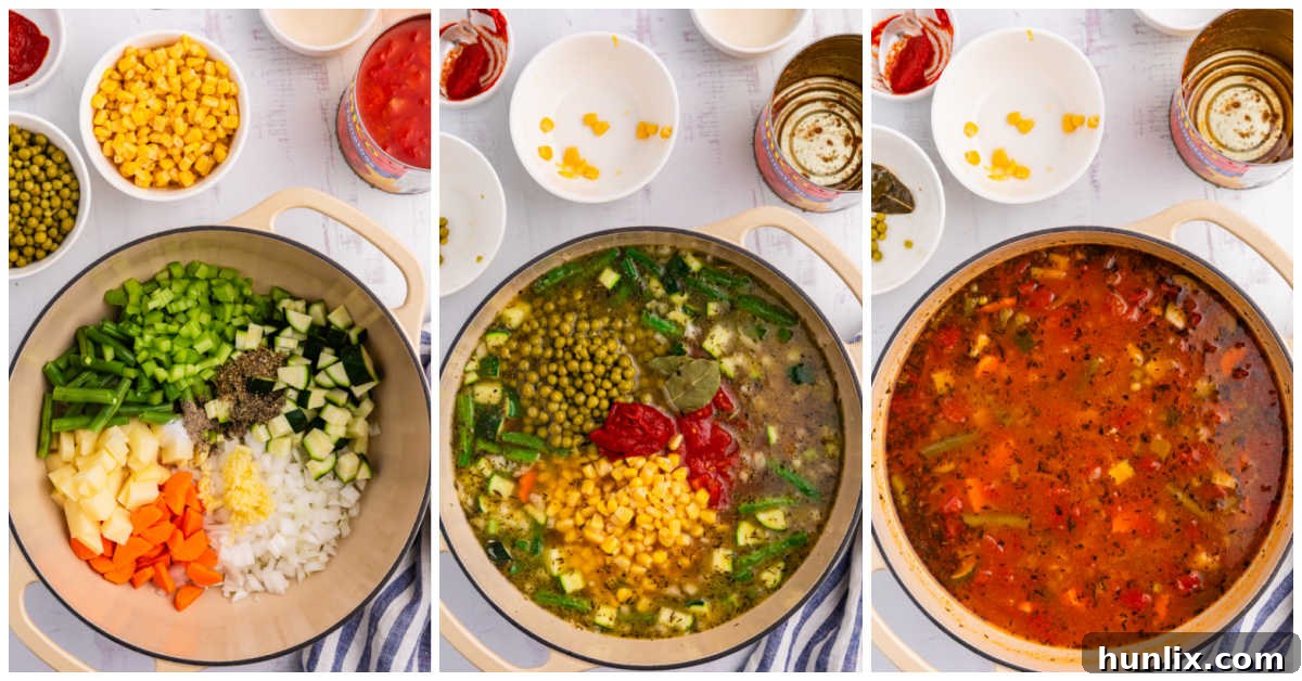 A collage of the step-by-step process for making vegetable soup, showing ingredients in a beige Dutch oven at different stages of cooking.