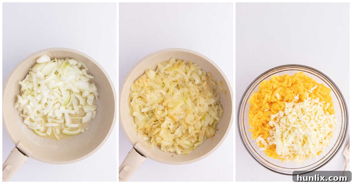Collage showing onions cooking in a skillet and two types of cheese being mixed in a bowl.