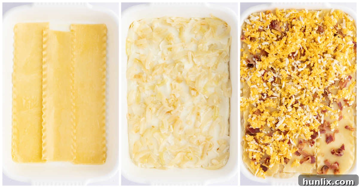 Collage showing the layering process of pierogi lasagna, with noodles, potatoes, onions, and cheese being added to a baking dish.