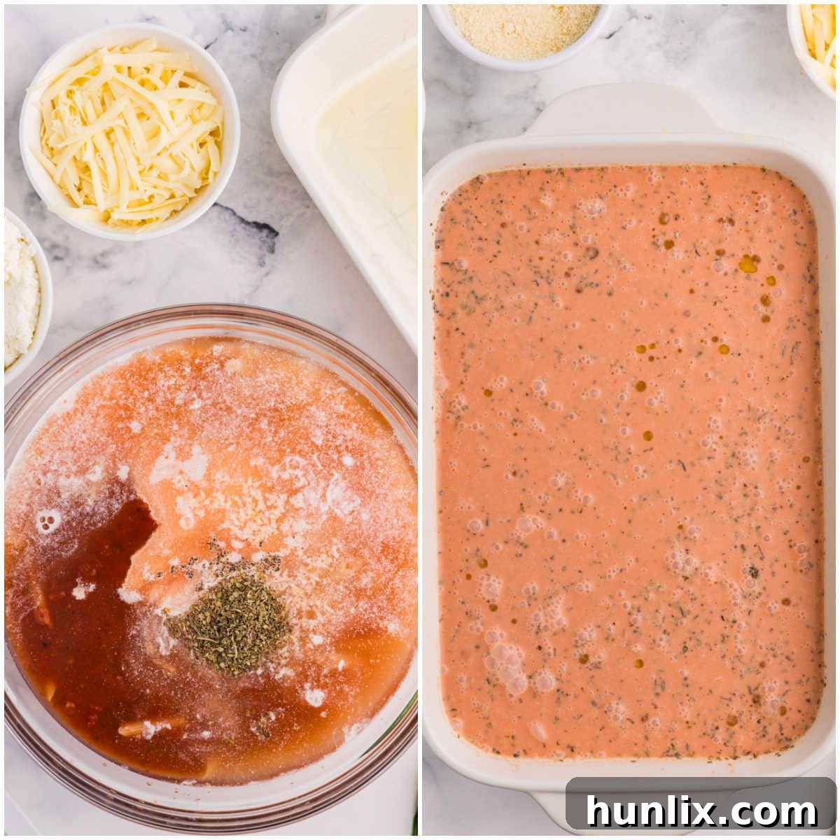 One-Dish Baked Penne 4 A collage showing the preparation steps for No-Boil Baked Penne: first, uncooked ingredients being mixed in a large bowl, and then the mixture being poured into a 9x13-inch casserole dish, ready for baking.