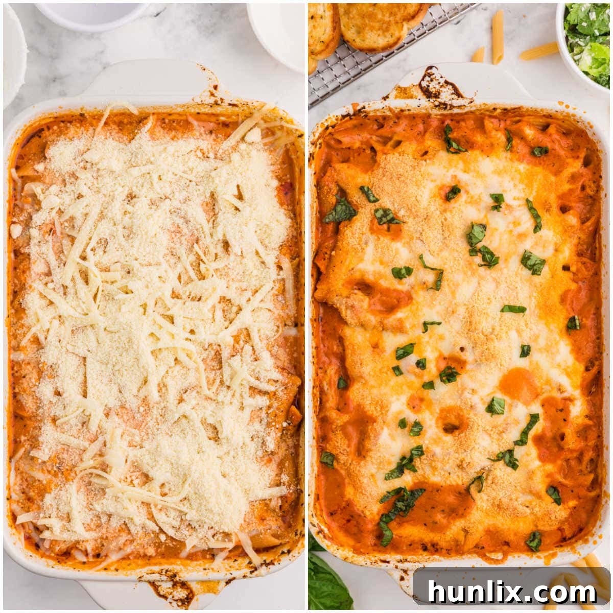 One-Dish Baked Penne 5 A collage demonstrating the final steps of preparing No-Boil Baked Penne: one image shows ricotta, mozzarella, and Parmesan cheese being added to the cooked pasta, and the other shows the golden-brown, bubbling baked penne fresh out of the oven.