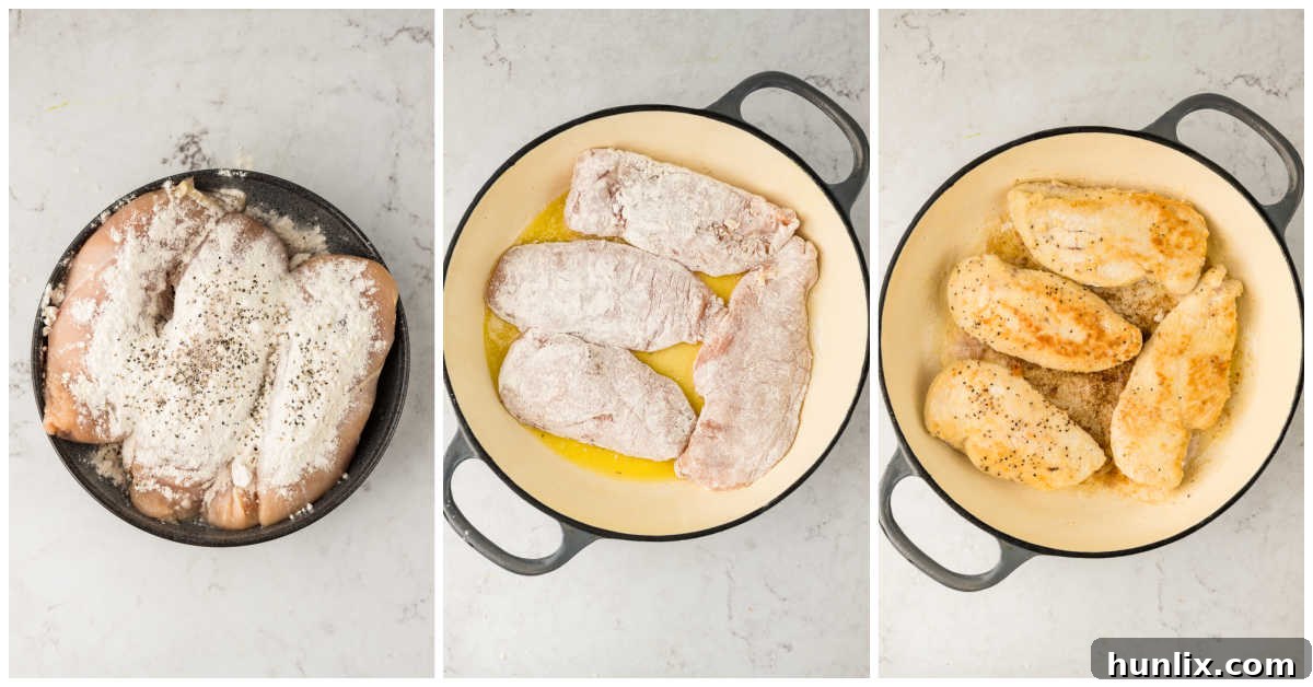 Collage showing the process of searing chicken breasts in a pan.