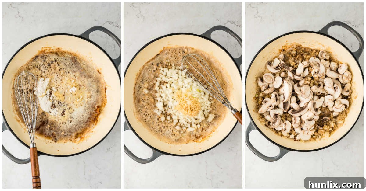 Collage showing various vegetables cooking in a skillet.