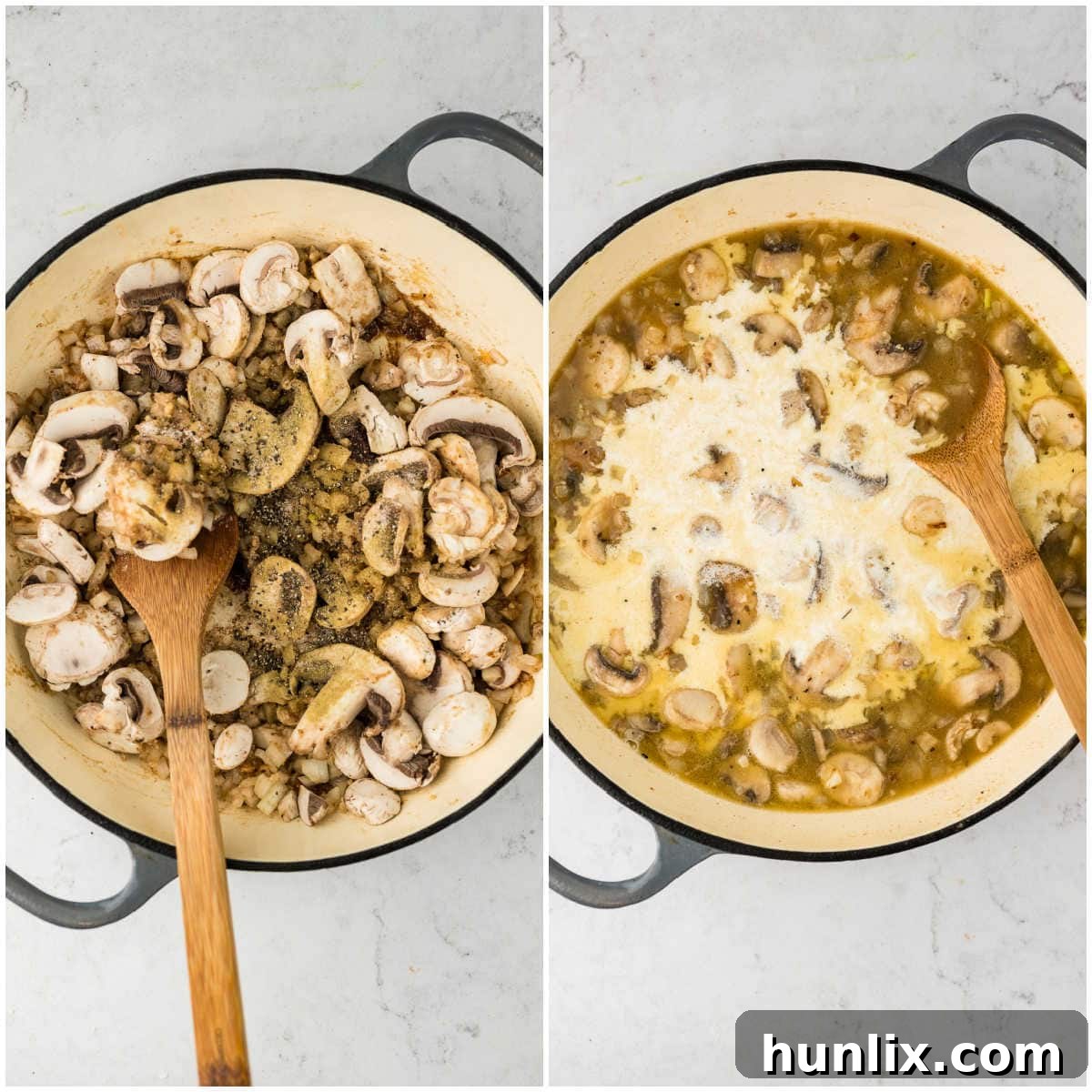 Collage showing the making of a creamy sauce in a pan.