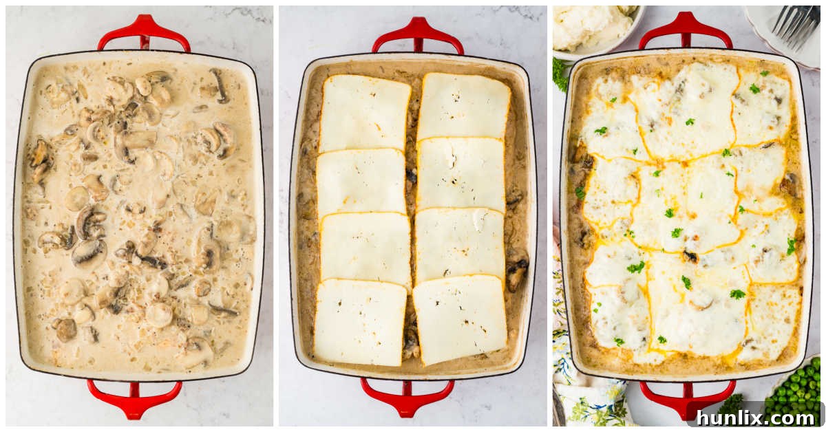 Collage showing the assembly and baking stages of a chicken casserole.