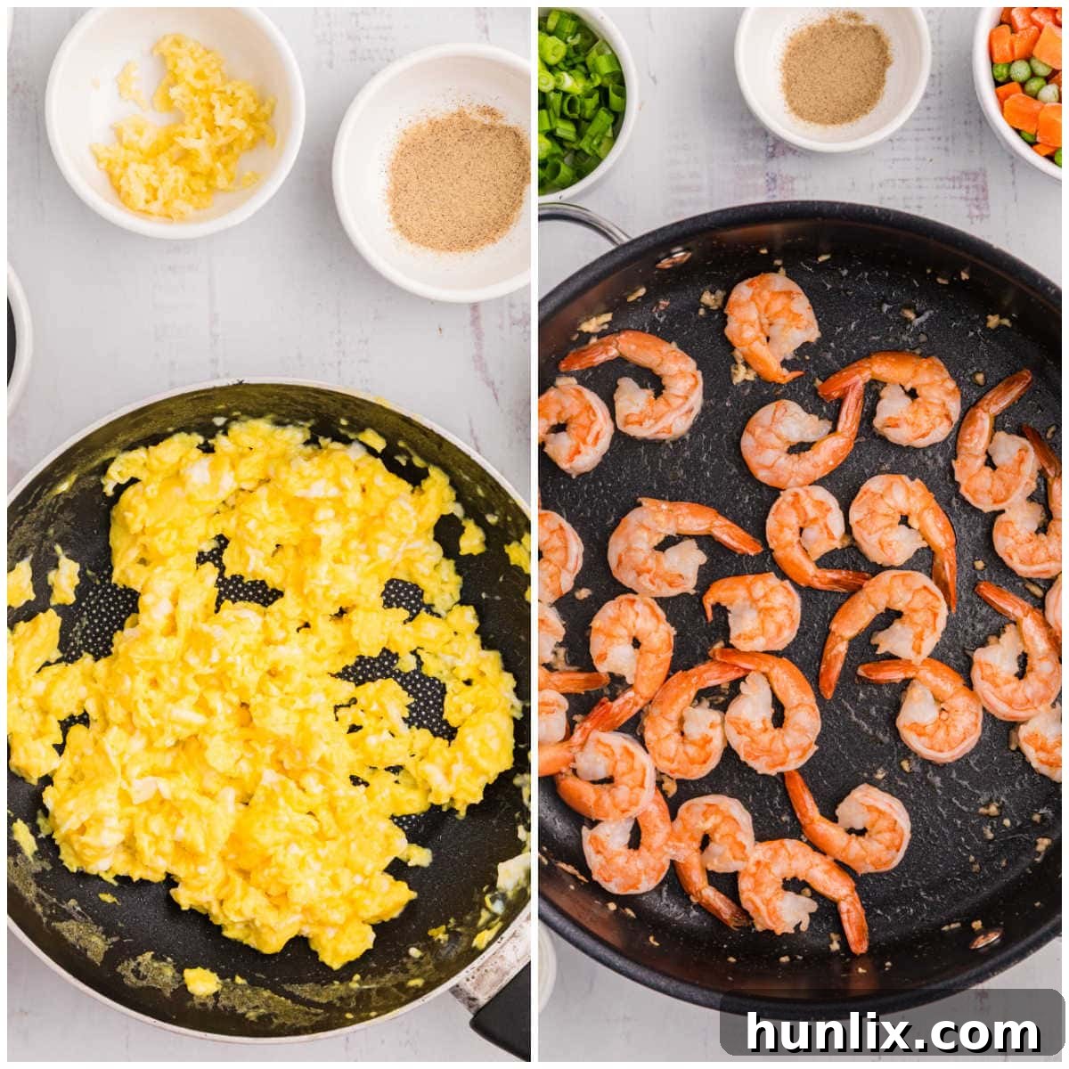 A collage showing scrambled eggs cooking in a skillet and shrimp turning pink in another pan.