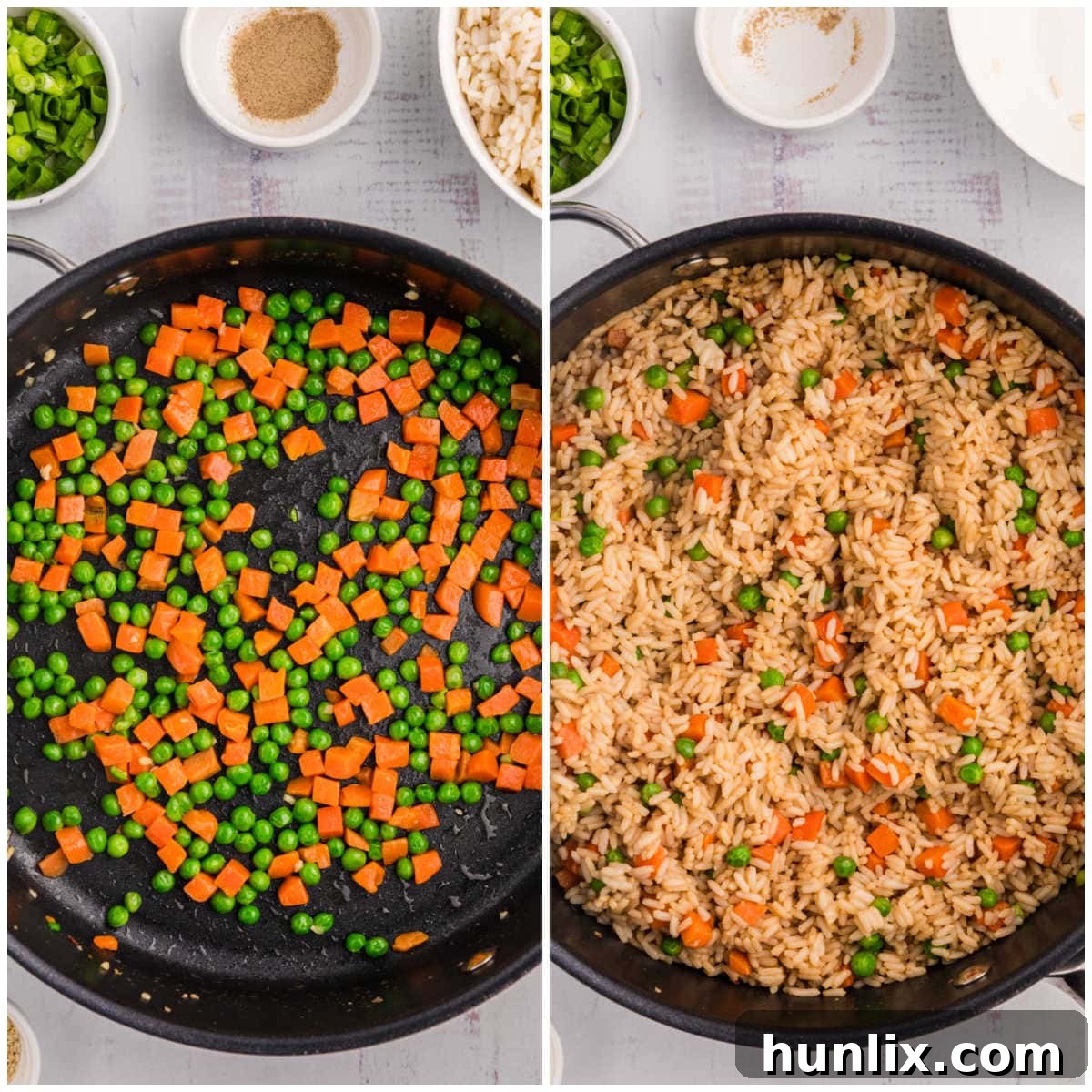 A collage showing frozen peas and carrots cooking in a skillet, followed by the addition of rice and seasonings.
