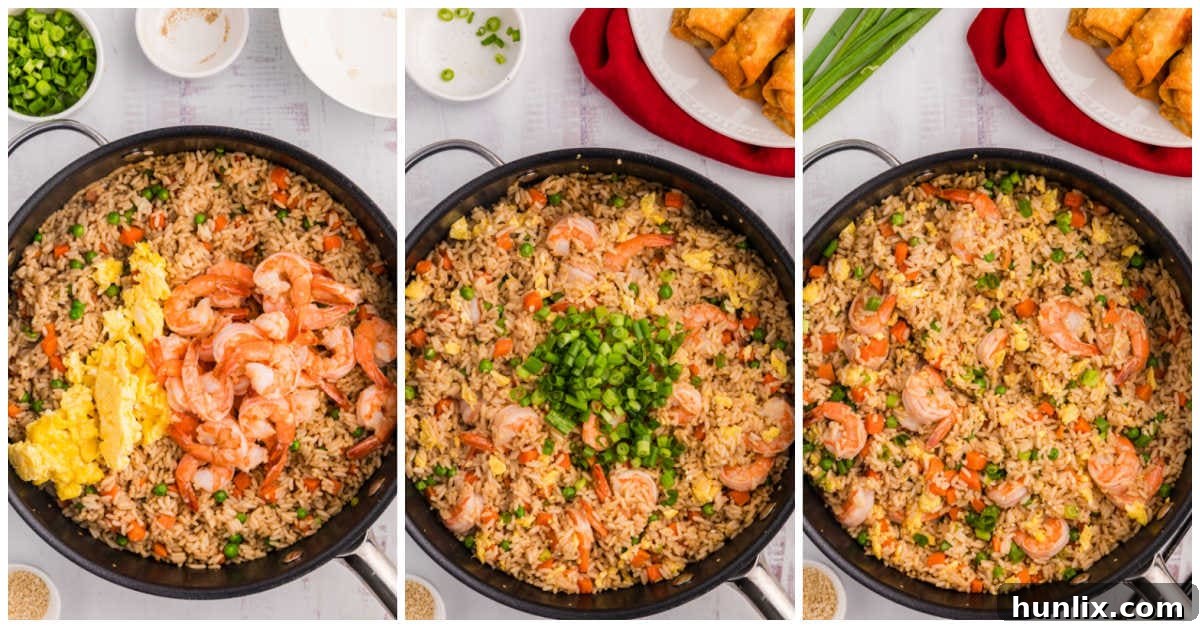 A close-up view of shrimp fried rice being tossed in a skillet, highlighting the vibrant colors of the ingredients.