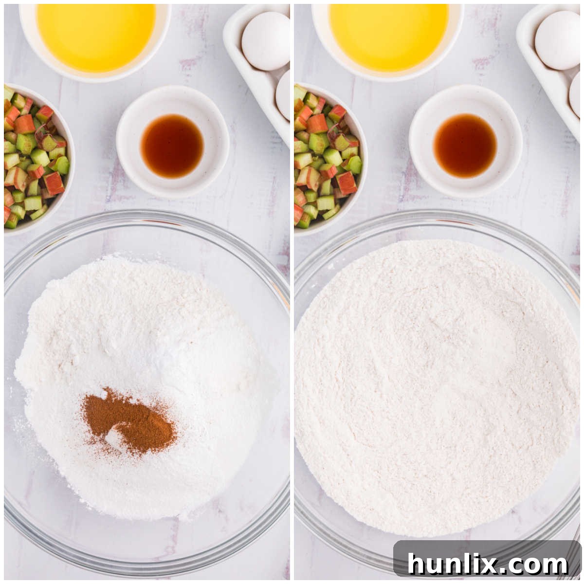 A collage showing the process of mixing dry ingredients in a bowl for rhubarb muffins.