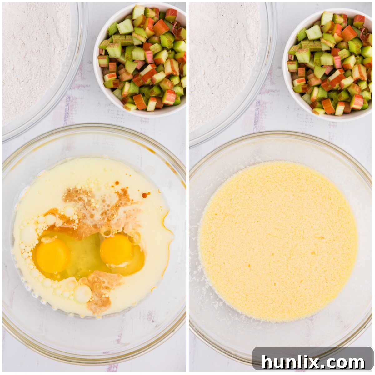 A collage illustrating the mixing of wet ingredients in a bowl for rhubarb muffins.