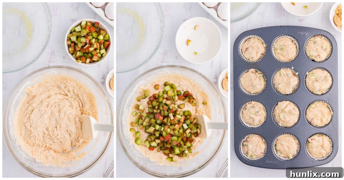 A collage showing the final steps of mixing ingredients and portioning into a muffin pan for baking.