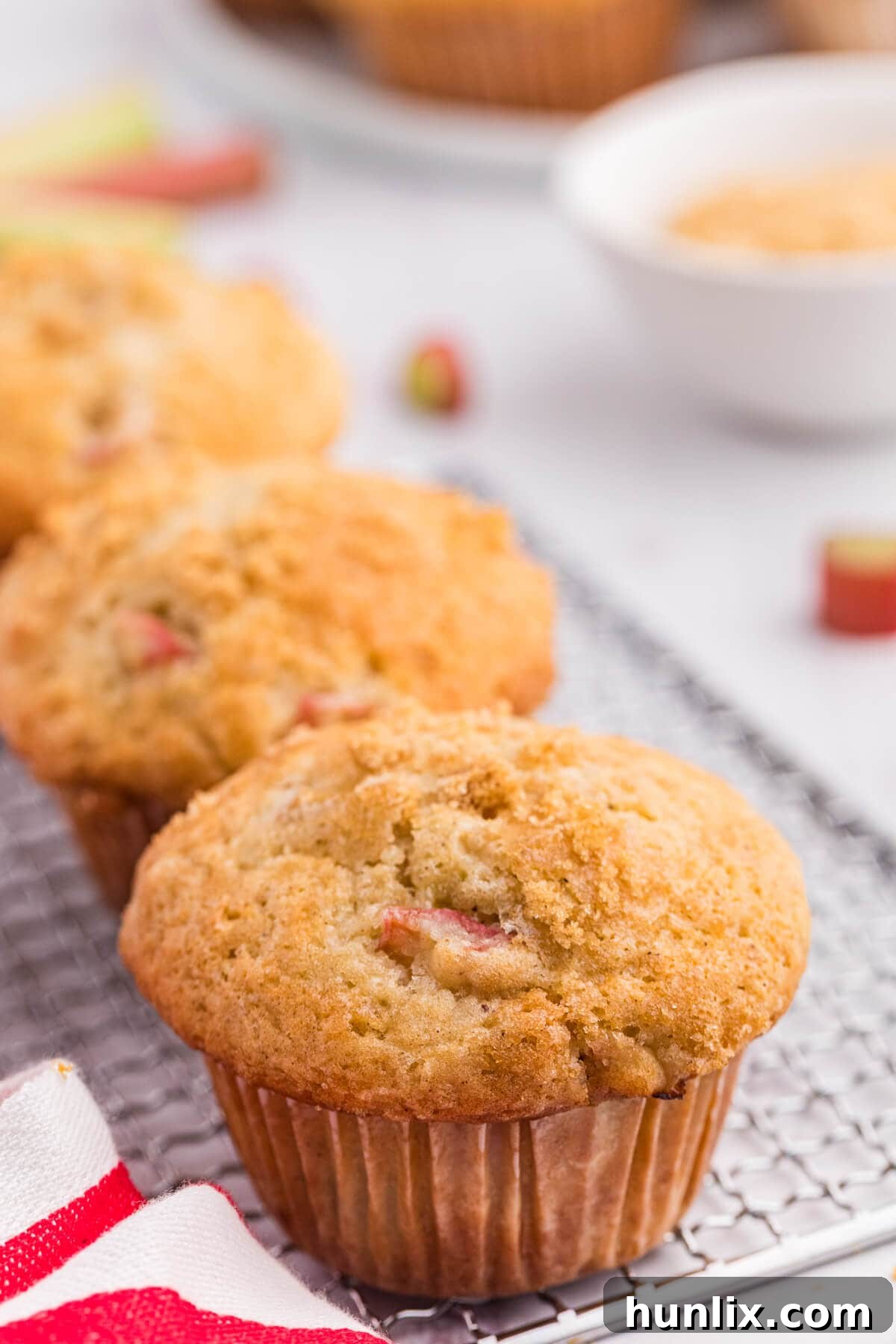 Freshly baked rhubarb muffins cooling on a wire rack.