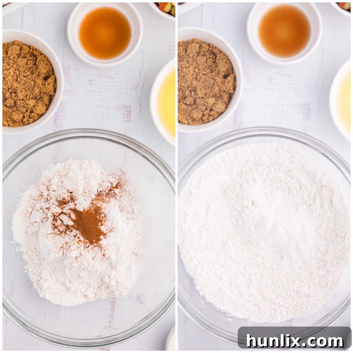 Tangy Rhubarb Loaf 4 Collage showing dry ingredients being mixed in a bowl for rhubarb bread.