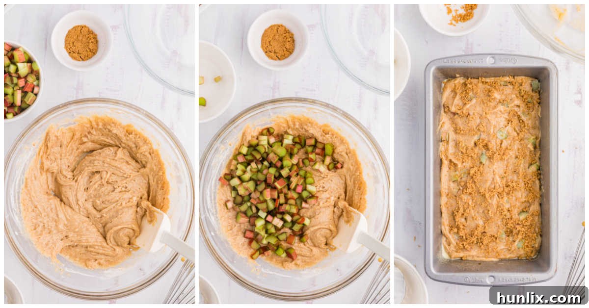 Tangy Rhubarb Loaf 6 Collage showing the process of mixing rhubarb into batter and pouring it into a loaf pan.