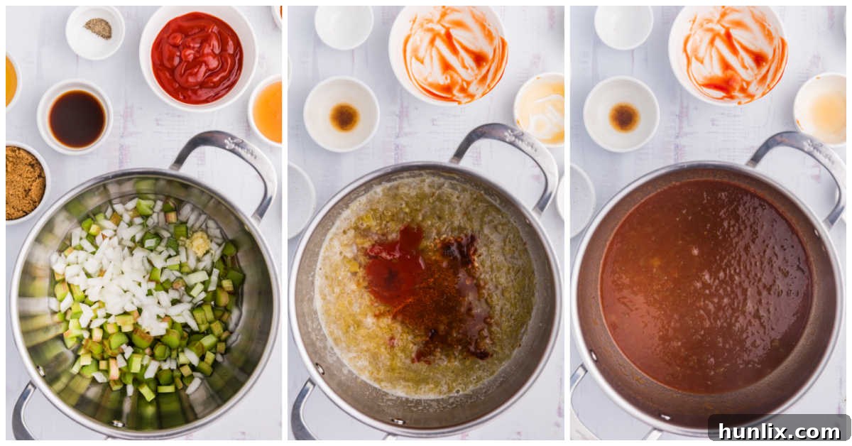 A step-by-step visual collage showing the process of making Rhubarb BBQ Sauce in a saucepan, from simmering the ingredients to blending it smooth.