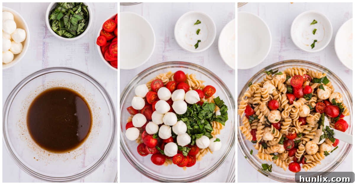 A collage showing the step-by-step process of mixing ingredients for Caprese Pasta Salad in a bowl.