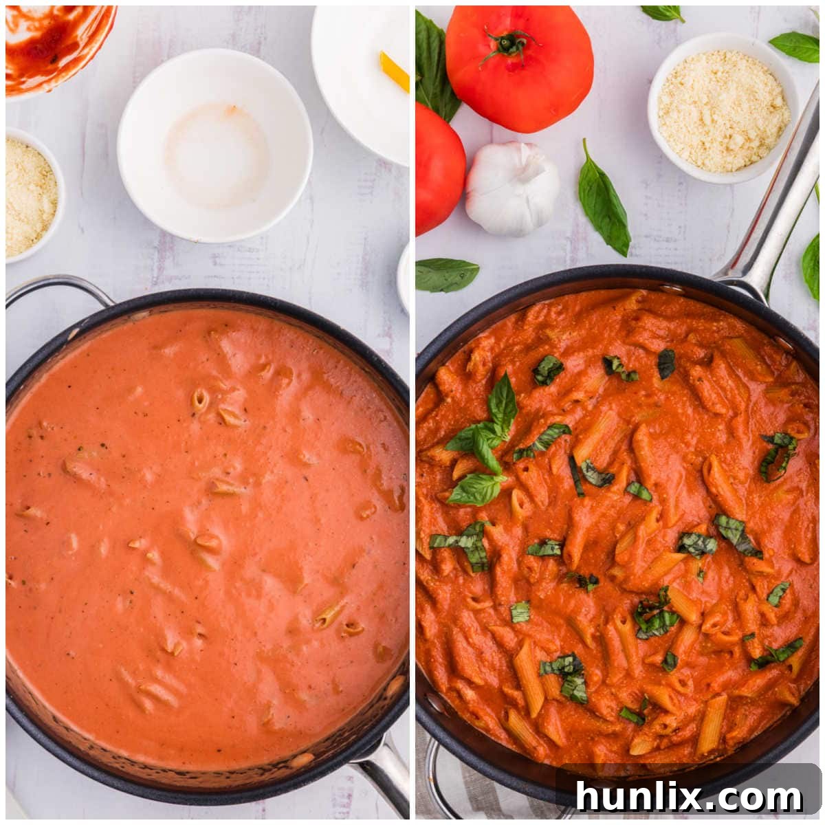 A two-part image illustrating the final steps of preparing One-Pot Creamy Tomato Pasta. The first image shows the pasta simmering and thickening in the skillet, and the second displays the finished dish after Parmesan has been stirred in, ready for serving.