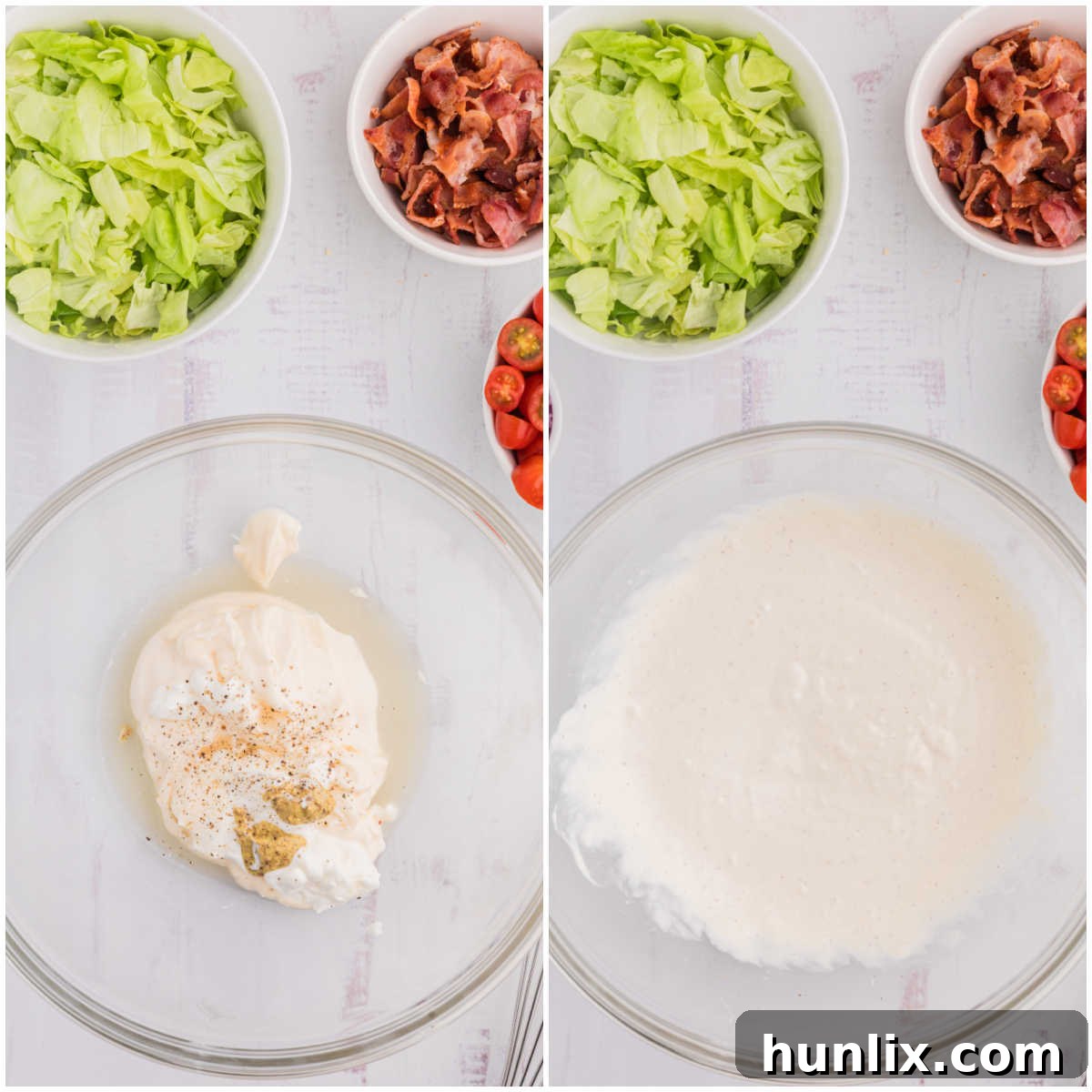 Collage showing the steps of making the dressing in a bowl.