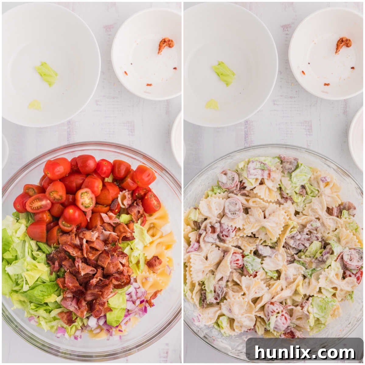 Collage showing the steps of mixing ingredients in a bowl.