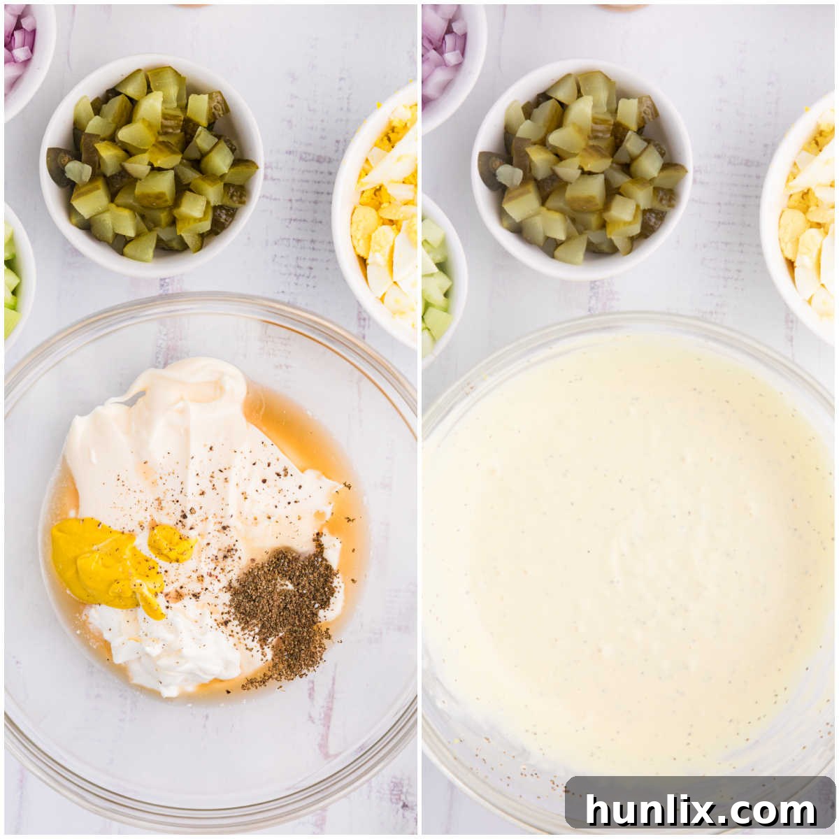 A collage showing the preparation of the macaroni salad dressing, with close-ups of whisking mayonnaise, sour cream, and other seasonings in a bowl.