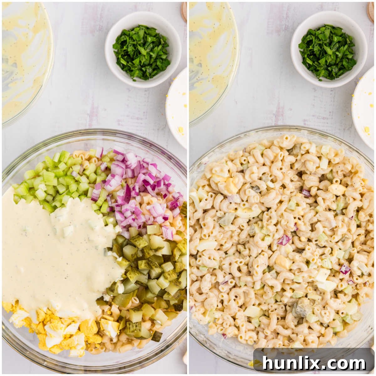 A collage demonstrating the final steps of preparing macaroni salad, showing the cooled macaroni, chopped vegetables, and eggs being mixed in a large bowl, followed by the addition of the creamy dressing.