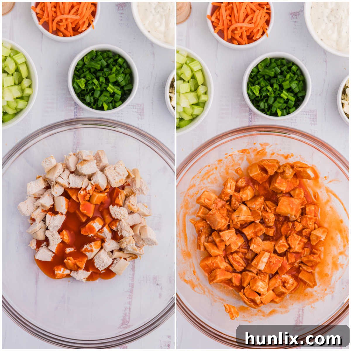 Collage of mixing ingredients in a bowl.