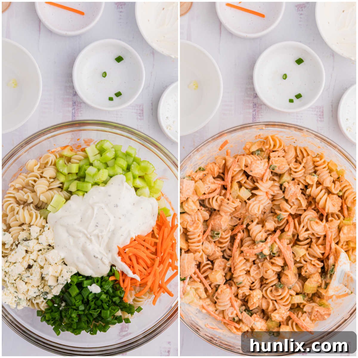 Collage of mixing ingredients in a bowl.