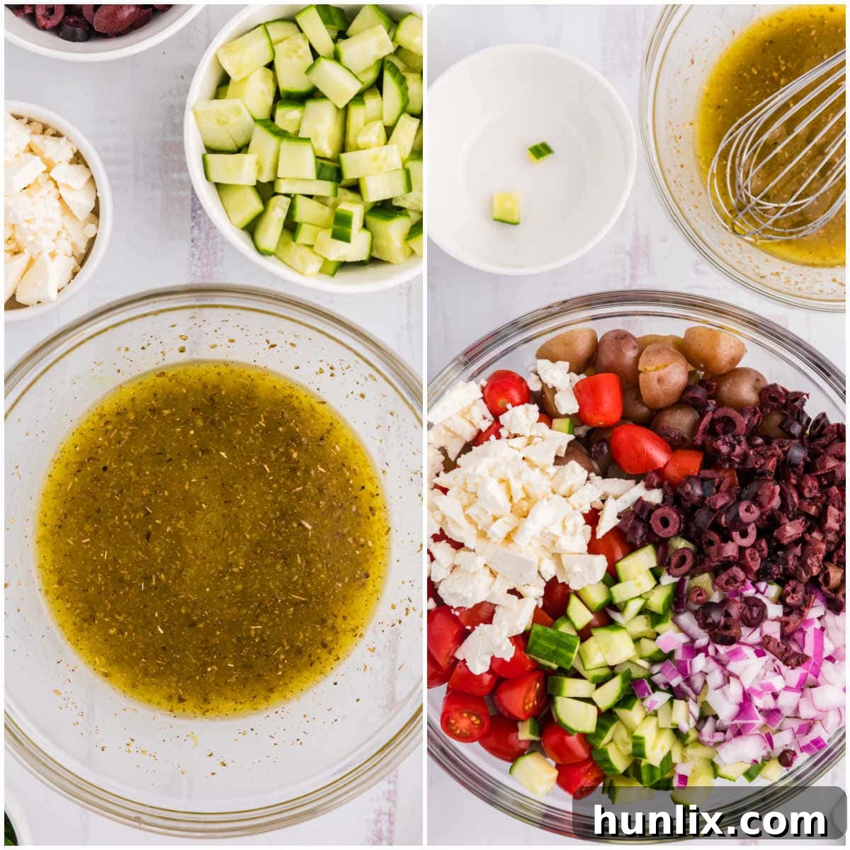 A visual step-by-step collage showing the process of mixing Greek Potato Salad ingredients in a clear glass bowl, from adding vegetables to pouring the dressing.