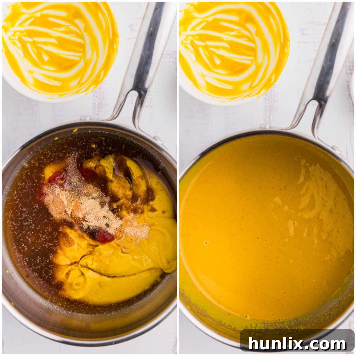 A collage showing the step-by-step process of cooking Carolina Mustard BBQ Sauce in a saucepan.