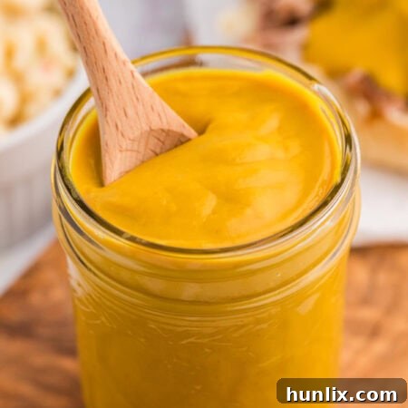 A jar of Carolina Mustard BBQ Sauce with a wooden spoon, ready for serving.