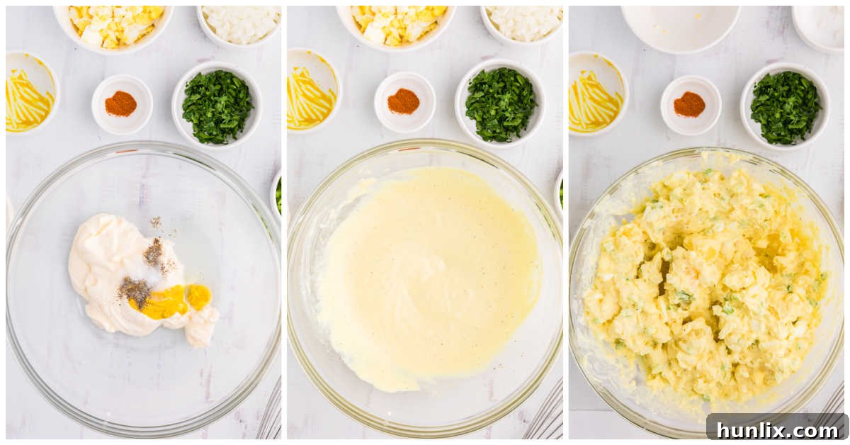 A visual step-by-step collage demonstrating the preparation of Old-Fashioned Potato Salad, including mixing cooked potatoes, eggs, and vegetables with the creamy dressing in a large bowl.