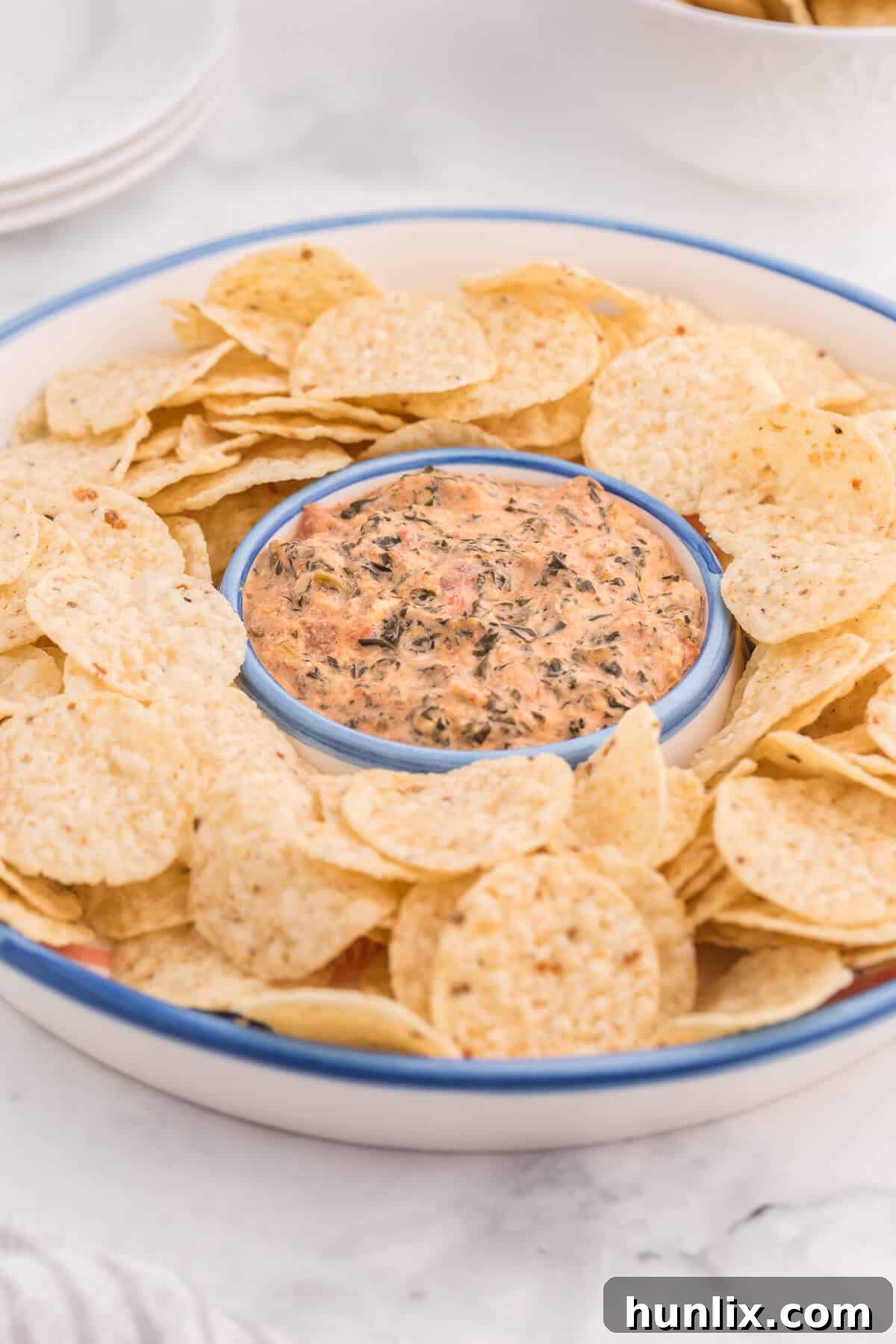 The Hot Dips You Won't Believe You Lived Without 12 A hot and spicy Tex-Mex Spinach Dip in a serving bowl, ready for dipping with tortilla chips.