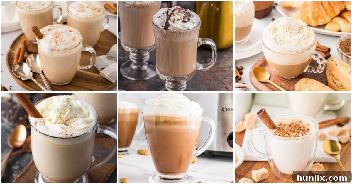 Sip Your Way to Cozy Autumn Bliss 2 A collage of 6 hot fall drinks, invitingly warm and spiced.