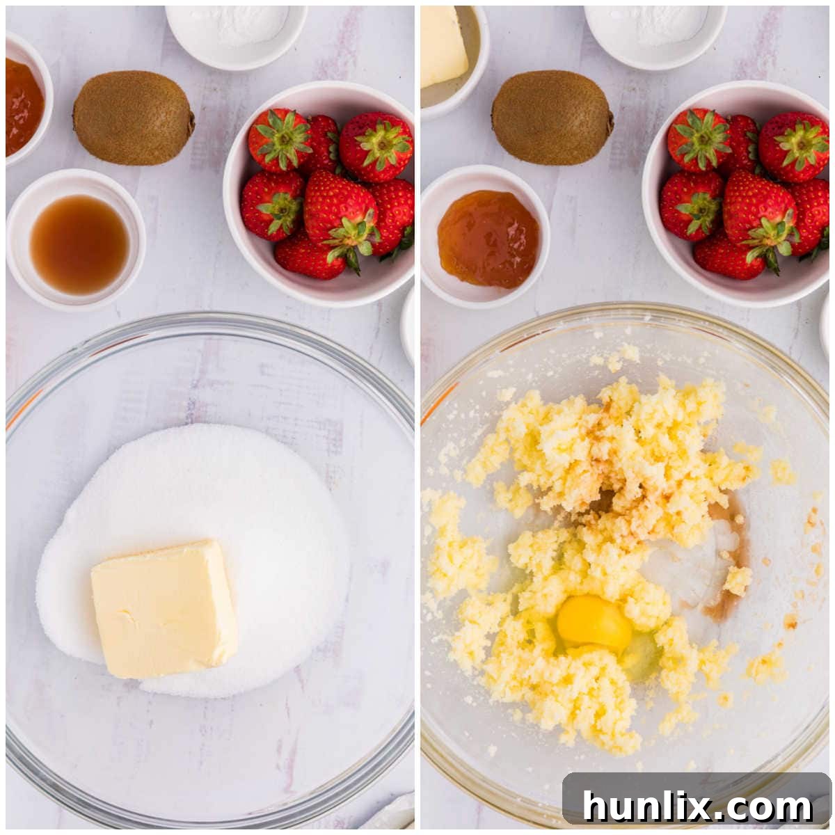 A visual collage showing the first steps of making a fruit pizza crust: softened butter and sugar being creamed together in a bowl, followed by the addition of an egg and vanilla extract, demonstrating the smooth texture development.