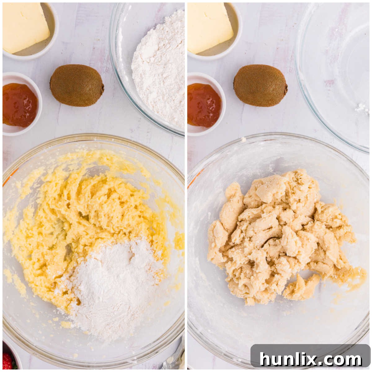 A visual collage illustrating the mixing of dry and wet ingredients for the fruit pizza crust: dry ingredients (flour, baking powder, salt) are whisked in one bowl, then gradually added to the wet mixture, forming a soft, uniform dough.