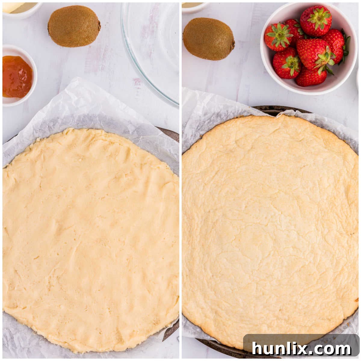 A visual collage depicting the final stages of preparing the fruit pizza crust: the dough is evenly pressed onto a baking sheet, followed by an image of the golden-baked crust, cooling on a wire rack.