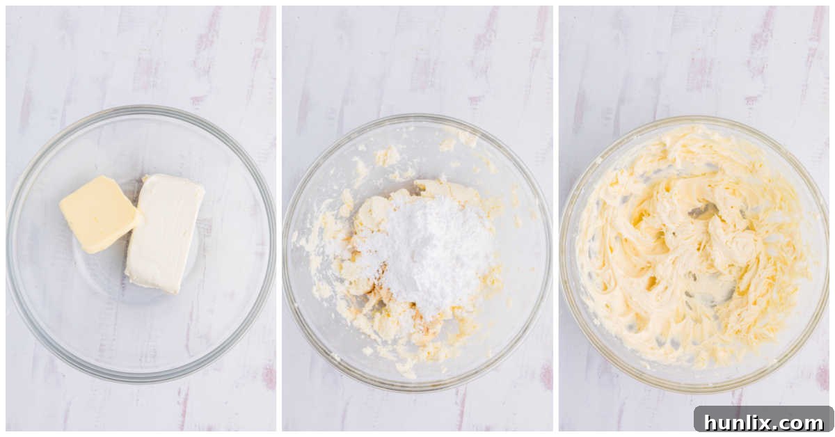 A collage showing the process of making cream cheese frosting: softened cream cheese and butter are beaten until smooth, then powdered sugar and vanilla are added and mixed until the frosting becomes creamy and fluffy.