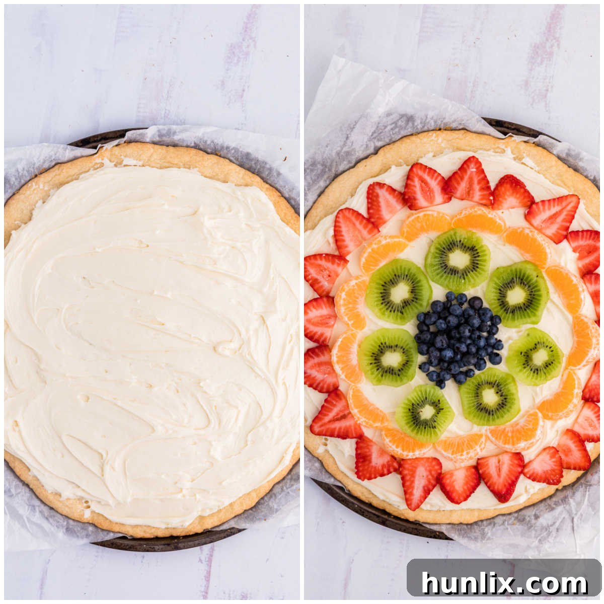 A collage demonstrating the assembly of a fruit pizza: cream cheese frosting is spread onto the cooled sugar cookie crust, followed by a vibrant arrangement of fresh fruit, and finally, a finished slice ready to be served.