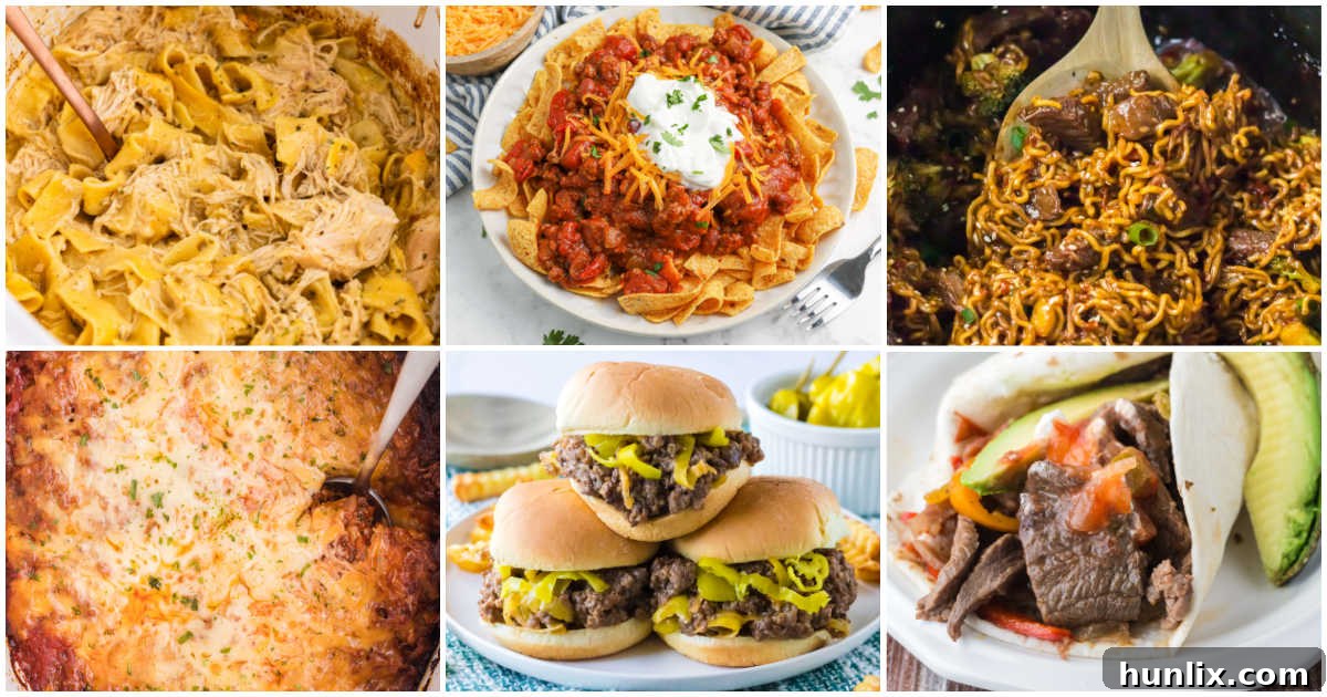 Collage of slow cooker recipes, showcasing various delicious and easy Crockpot dinners perfect for busy weeknights and family meals.