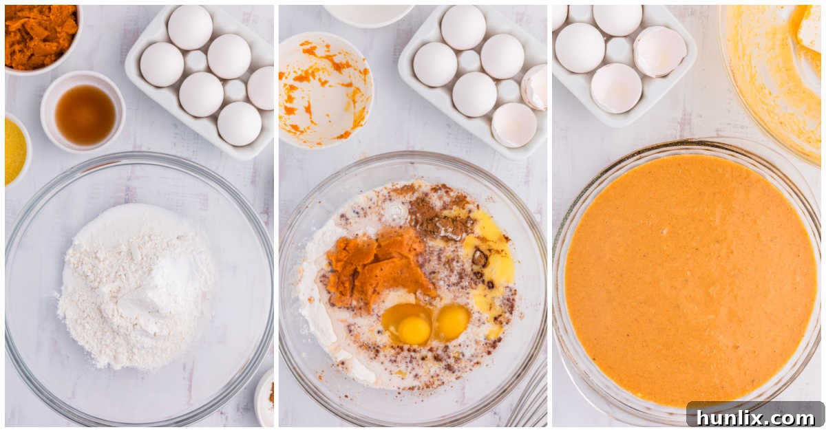 Collage of mixing ingredients in a bowl and adding to a pie plate.